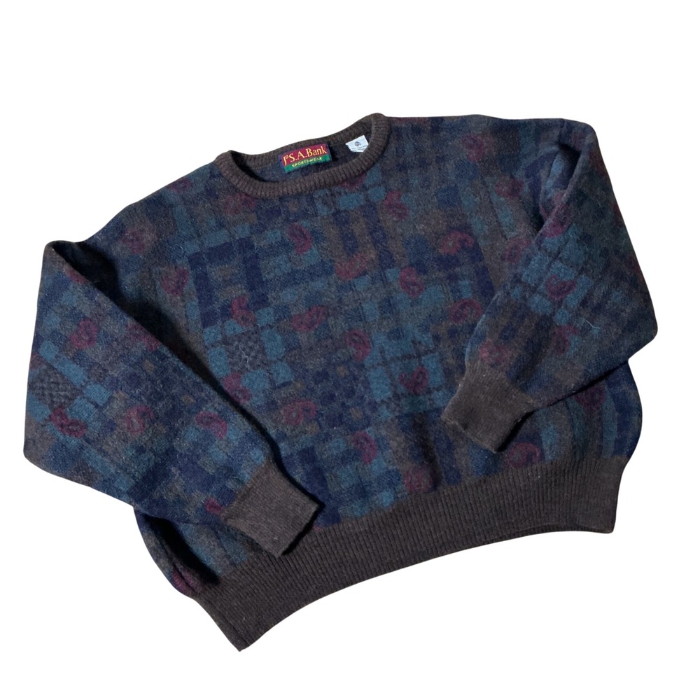 Jos. A. Bank Vintage Paisley Wool Sweater Women L Brown Blue Geometric Italy